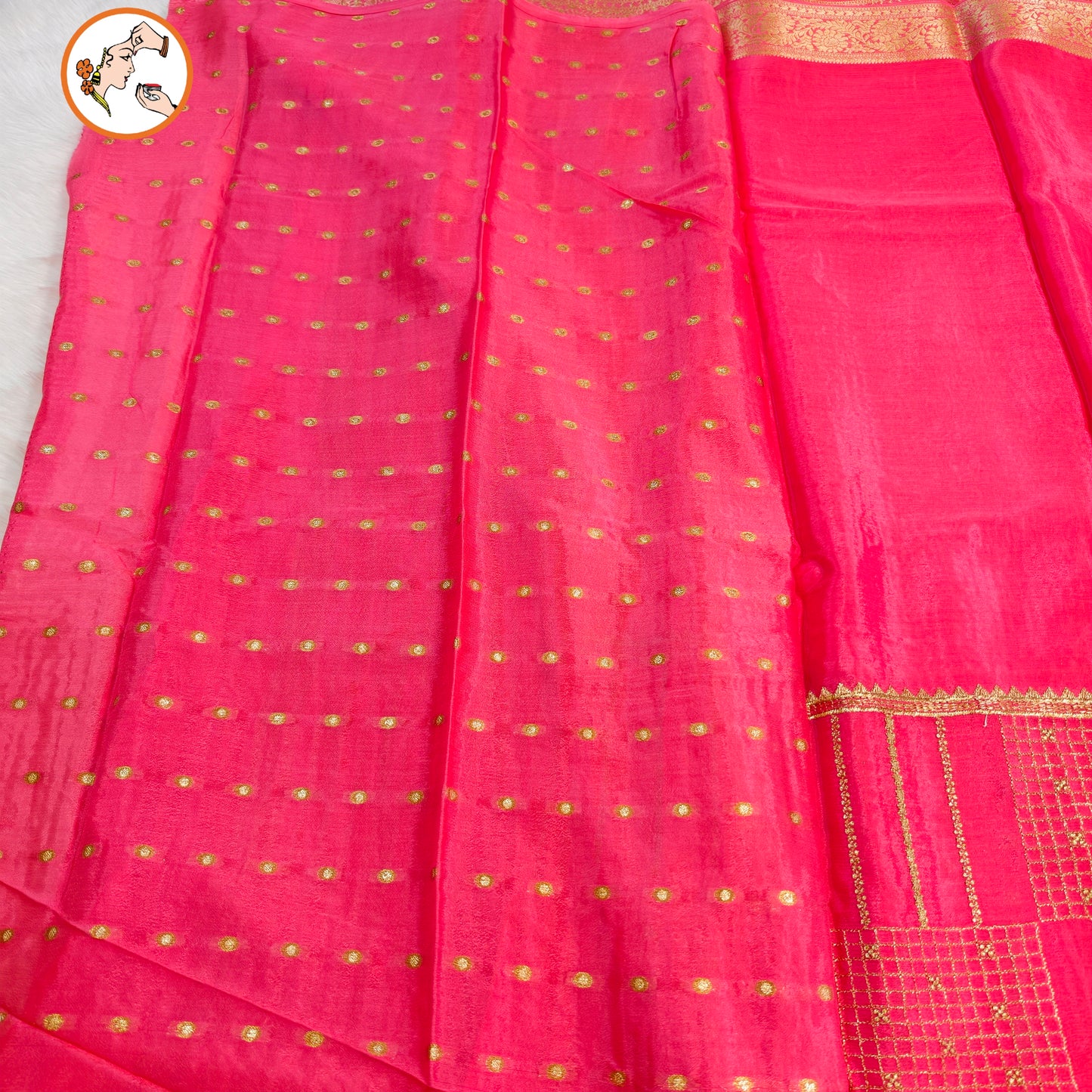Peachy Pink Colour Golden Embriodery Premium Wrinkle Chiffon Georgette Designer Saree