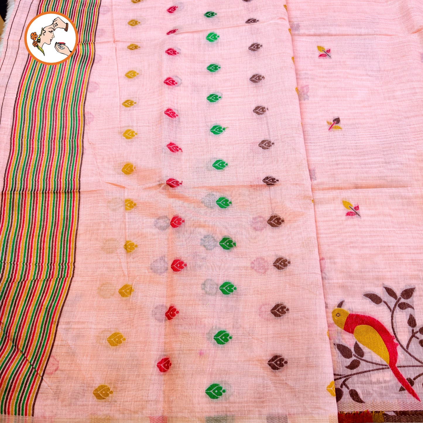 Light Pink sparrow theme Cotton Casual Saree