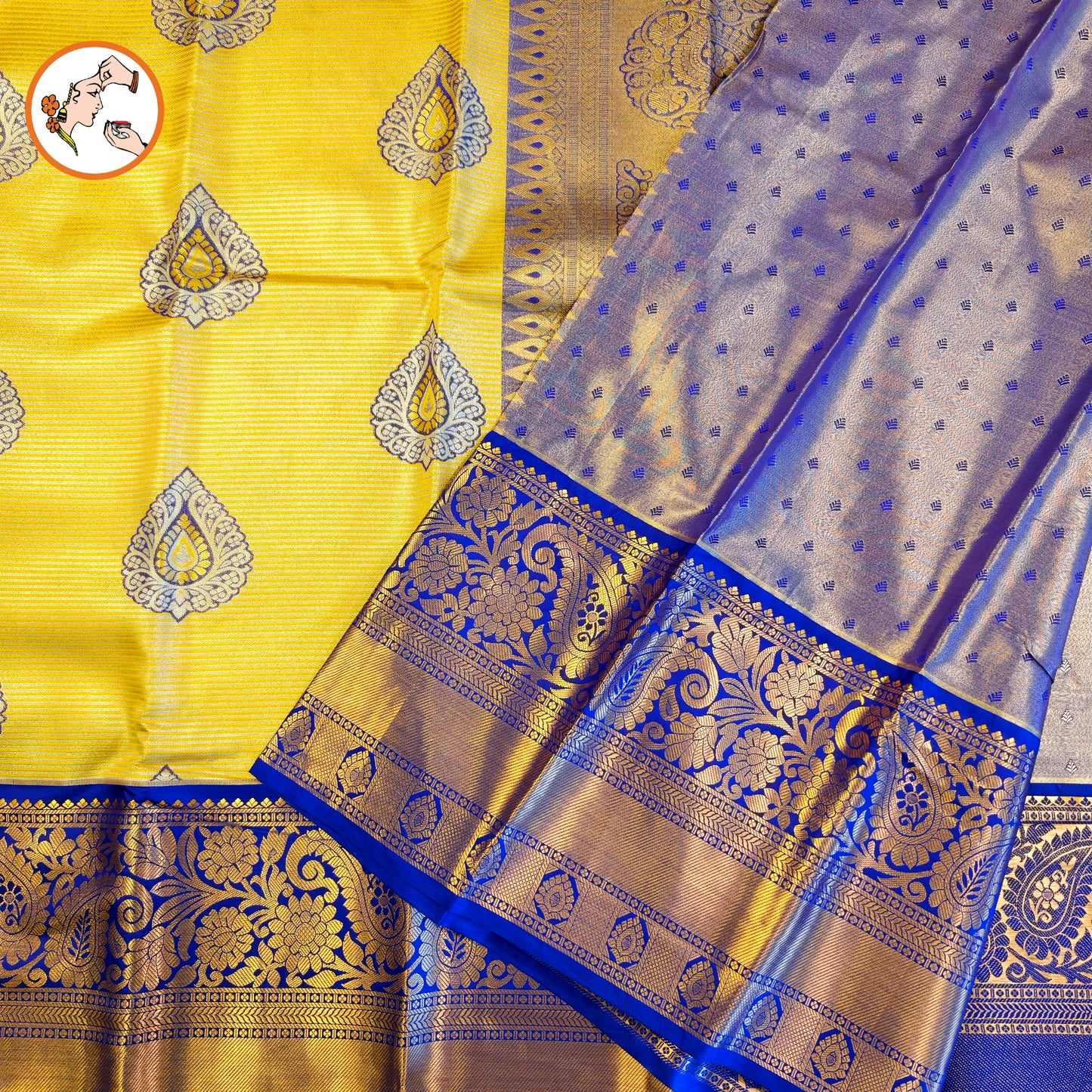 Yellow with Violet border Kanchipuram Tissue Silk Saree with horizontal Stripes