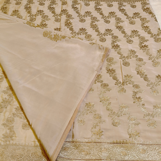 Beige rich Embroidery Satin Partywear Saree