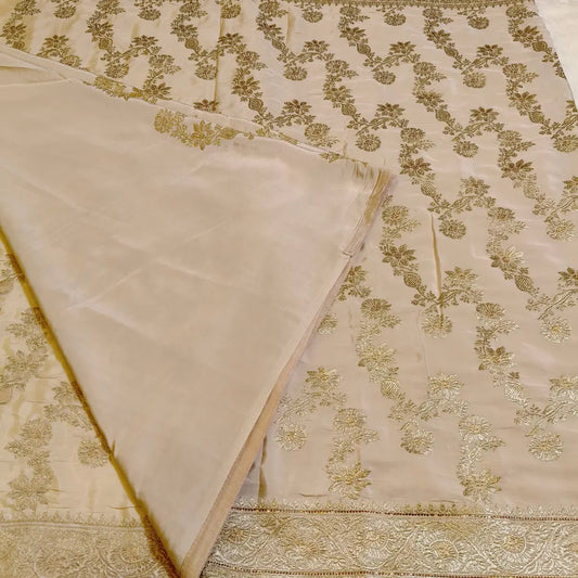 Beige rich Embroidery Satin Partywear Saree Vivahasilks