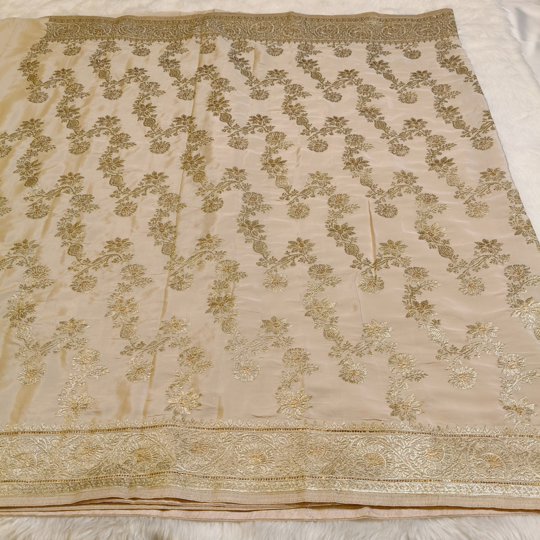 Beige rich Embroidery Satin Partywear Saree