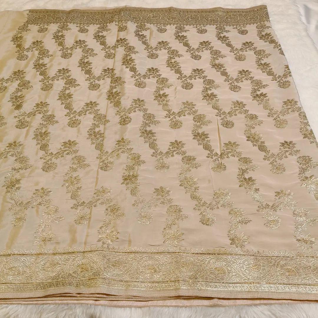 Beige rich Embroidery Satin Partywear Saree Vivahasilks
