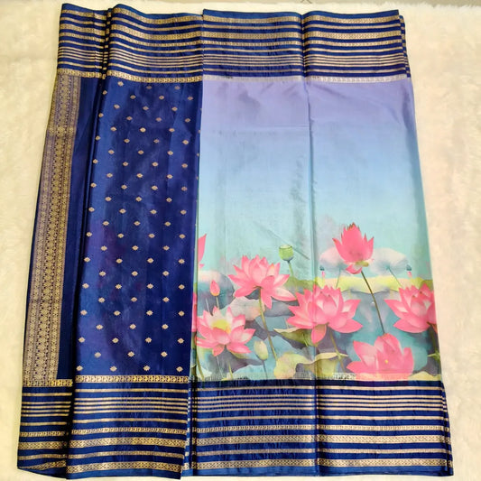 Blue Lotus theme Semi Mysore Silk Saree Vivahasilks