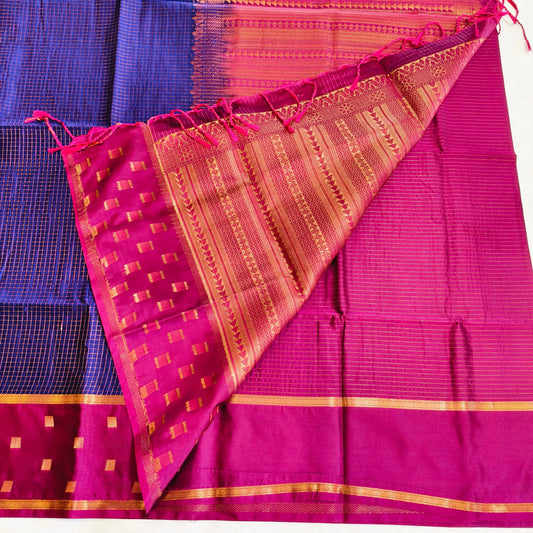 Blue purple combination traditional Podi Kattam soft silk saree Vivahasilks