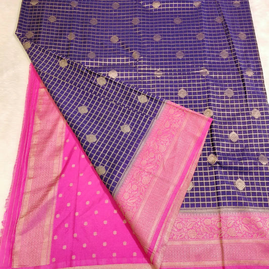 Blue with Pink Checkered Partywear Georgette Saree Vivahasilks