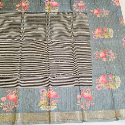 Grey tussar Saree with black and white stripes Pattern Vivahasilks