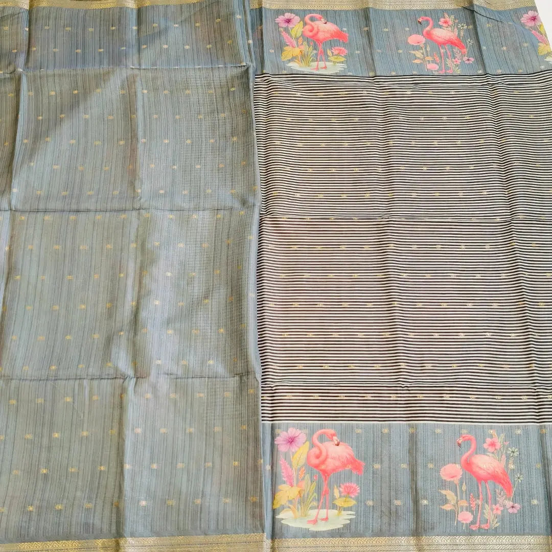 Grey tussar Saree with black and white stripes Pattern Vivahasilks