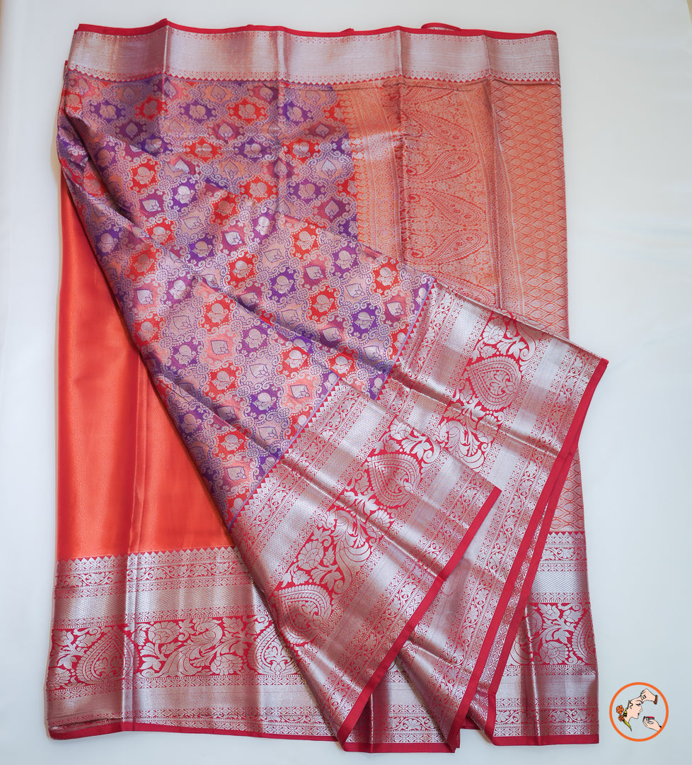 Orange with Pink Kanchipuram Blended Silk Saree