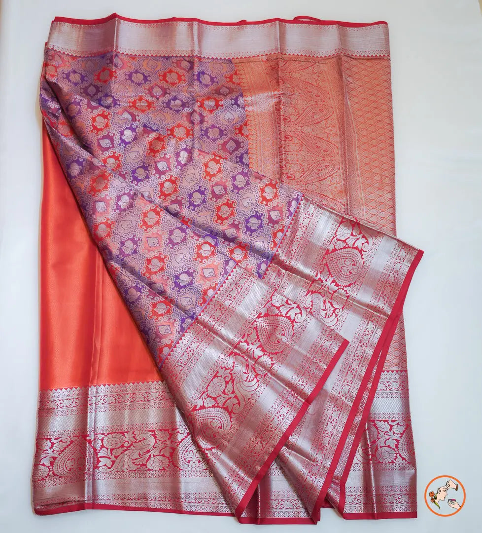 Orange with Pink Kanchipuram Blended Silk Saree Vivahasilks