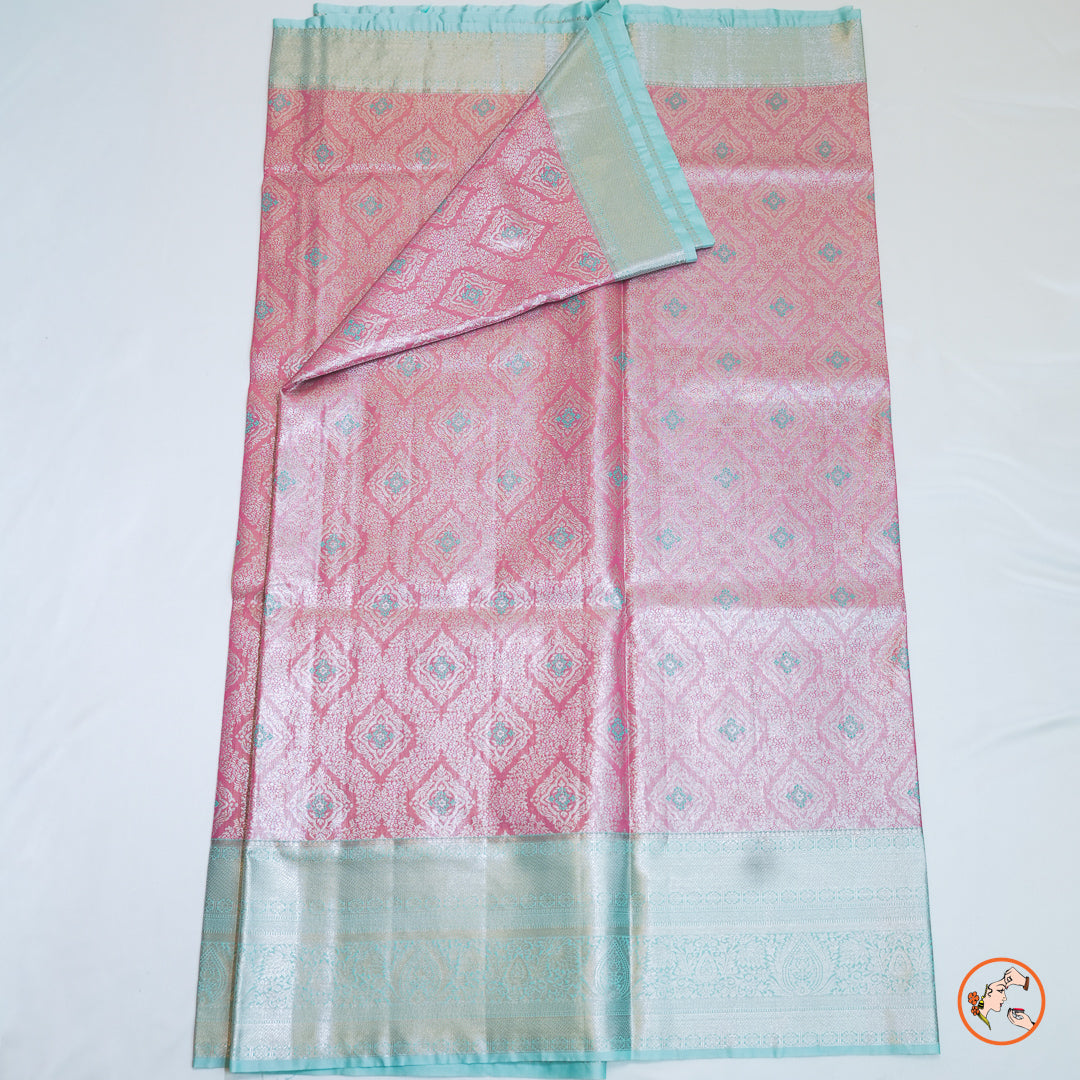 Pink With Blue Kanchipuram Silk Saree