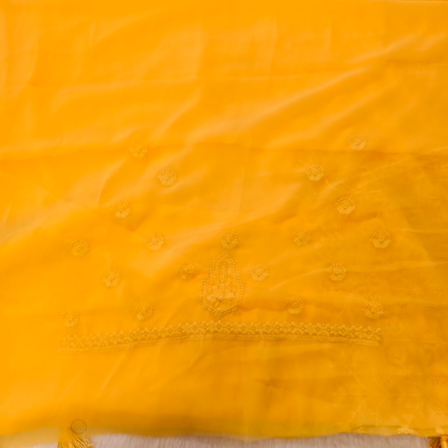 Golden Yellow Full Silver Stonework Cutwork border Bridal Partywear Organza Saree