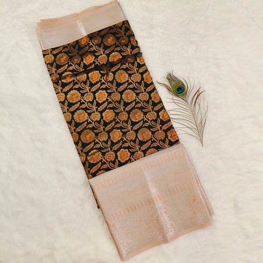 Dark green orange Kanchipuram Silk Saree Vivahasilks