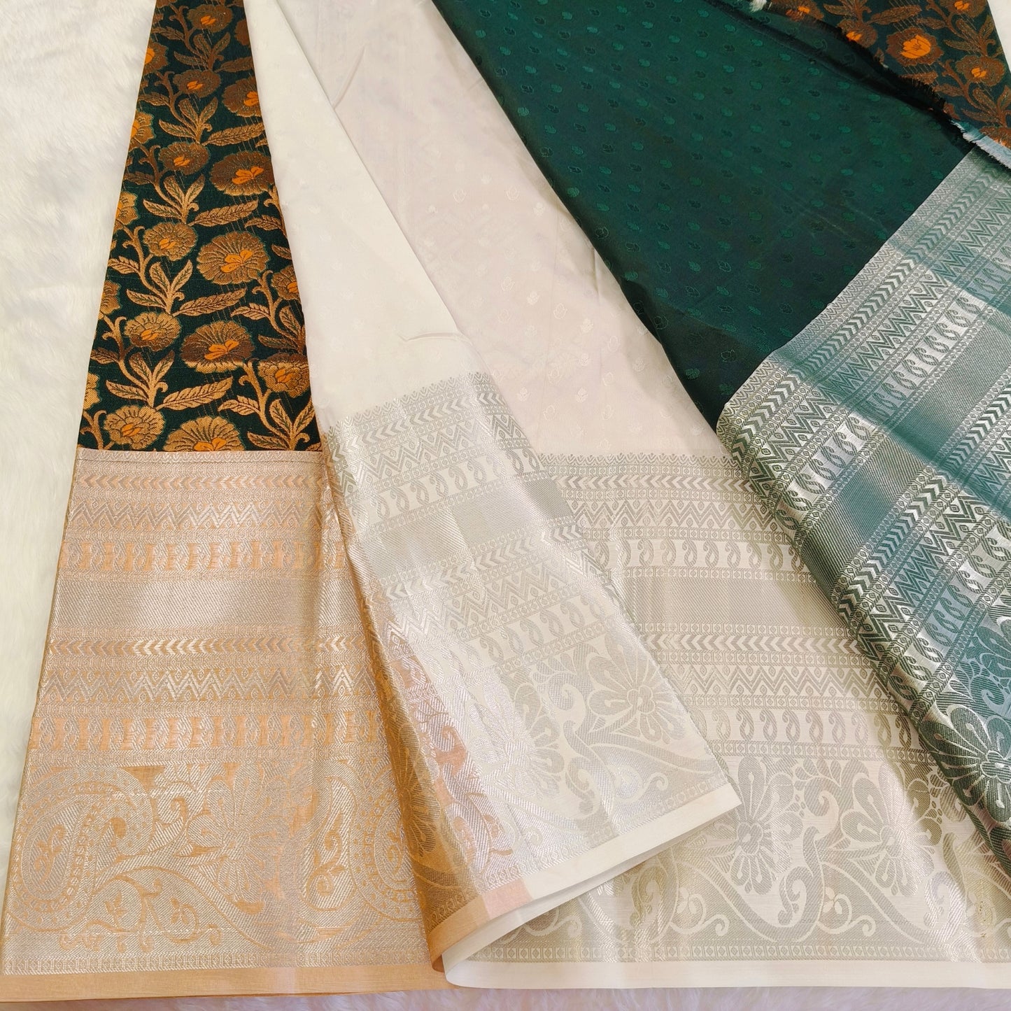 Dark green orange Kanchipuram Silk Saree