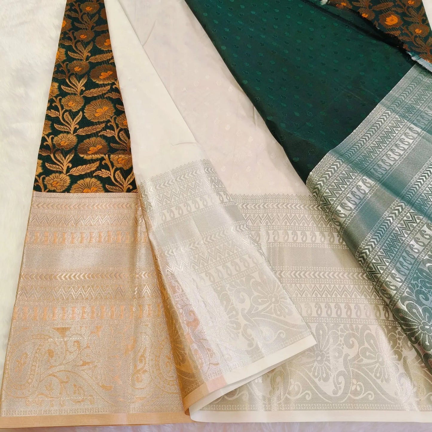 Dark green orange Kanchipuram Silk Saree Vivahasilks