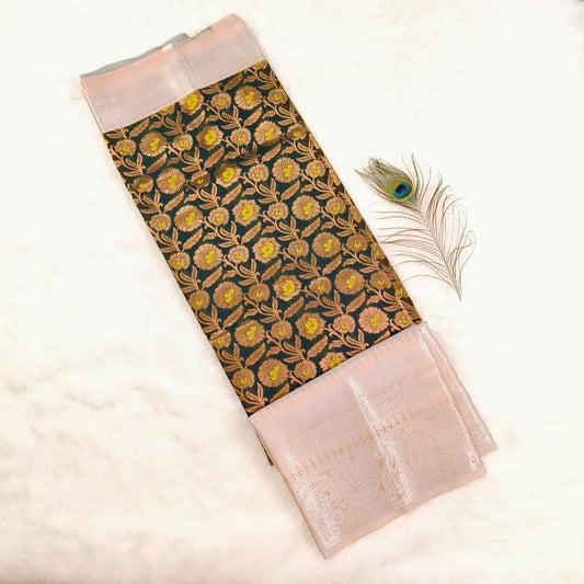 Dark green Yellow Kanchipuram Silk Saree Vivahasilks