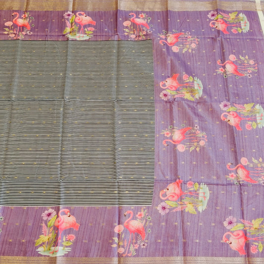 Lavender Tussar Saree with Black and White Stripes Pattern