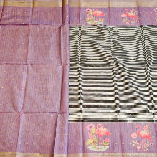 Lavender tussar Saree with black and white stripes Pattern Vivahasilks