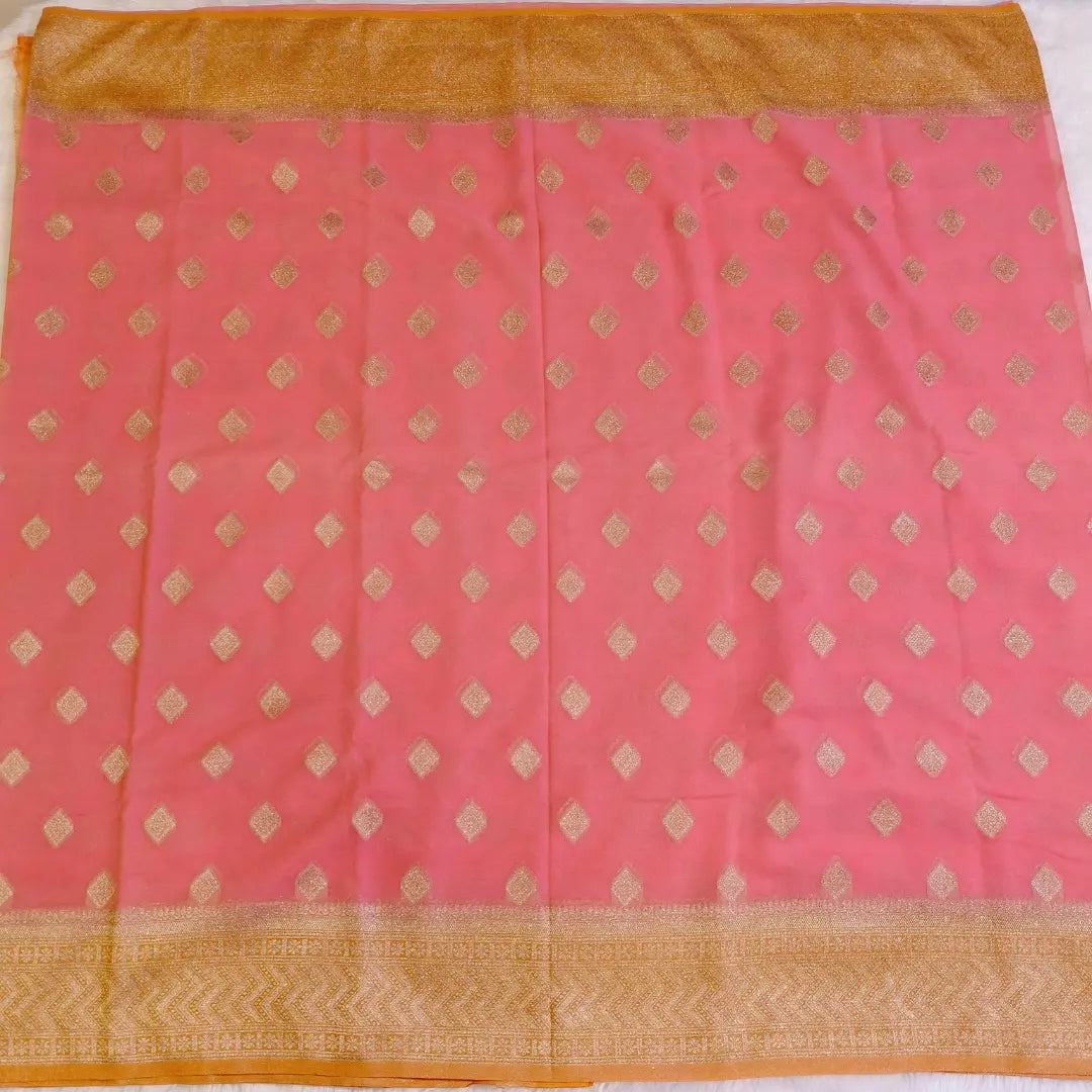 Lotus pink with orange border Banarasi Georgette Saree Vivahasilks