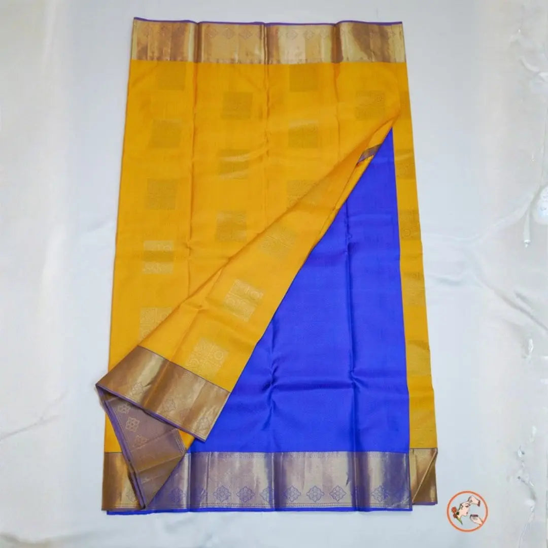 Mustard Yellow with Pepsi Blue Pure Kanchi Silk Vivahasilks