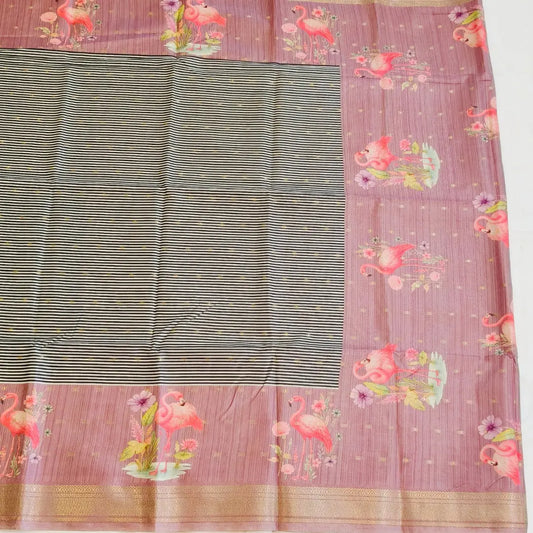 Onion pink tussar Saree with black and white stripes Pattern Vivahasilks