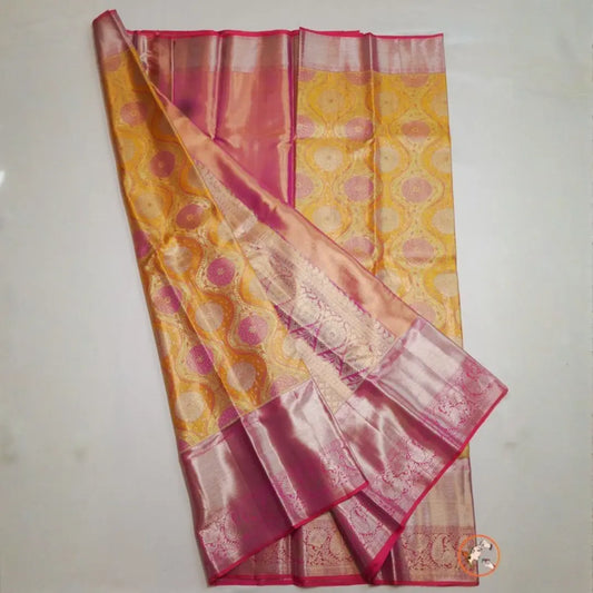 Orangish yellow with Pink Pure Kanchi Silk Vivahasilks