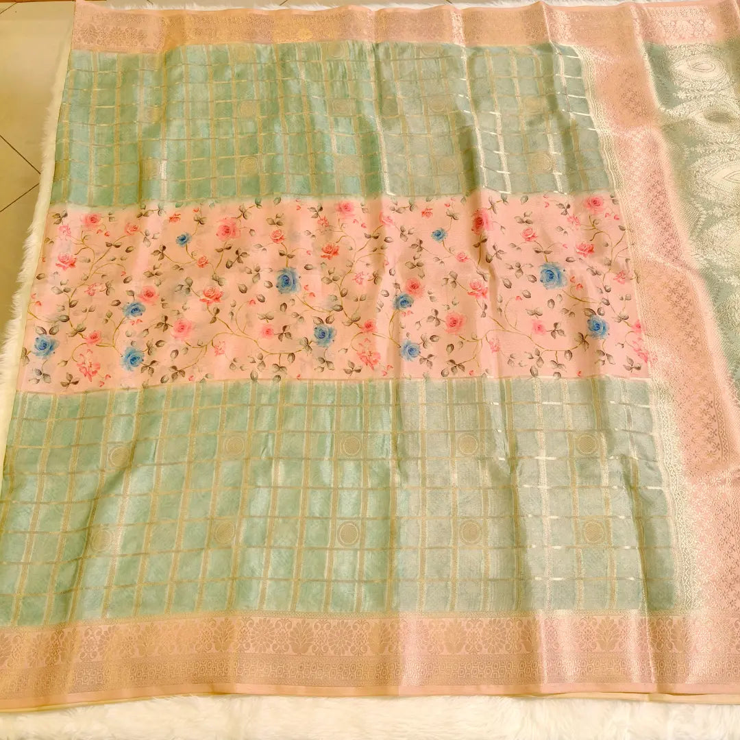 Pastel Green with peach Semi Mysore Silk Saree Vivahasilks