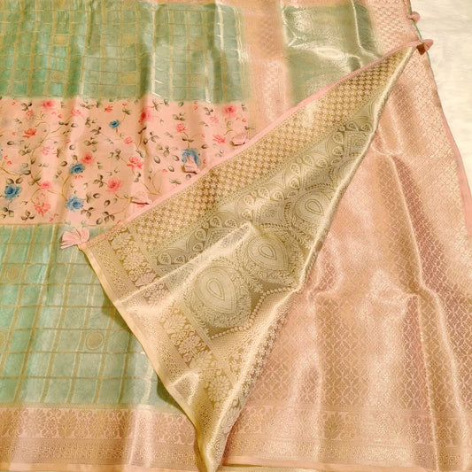 Pastel Green with peach Semi Mysore Silk Saree Vivahasilks