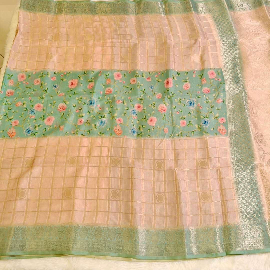 Peach with Pastel green Semi Mysore Silk Saree