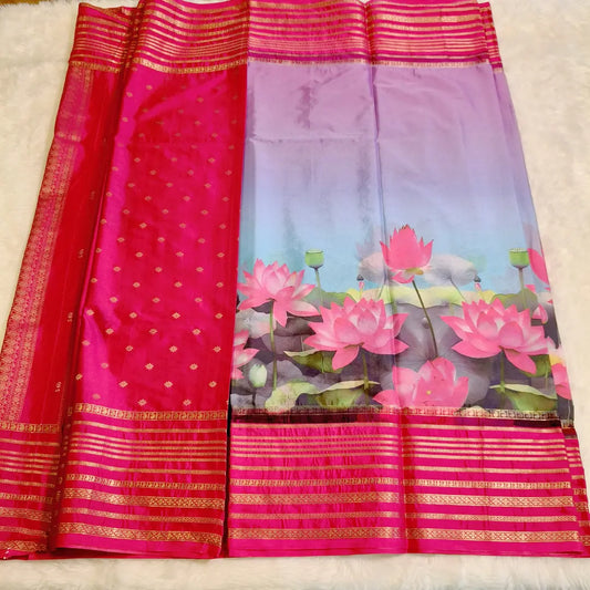 Pink Lotus theme Semi Mysore Silk Saree Vivahasilks