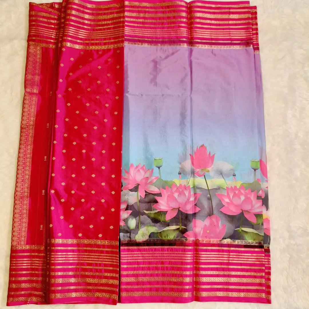Pink Lotus theme Semi Mysore Silk Saree Vivahasilks