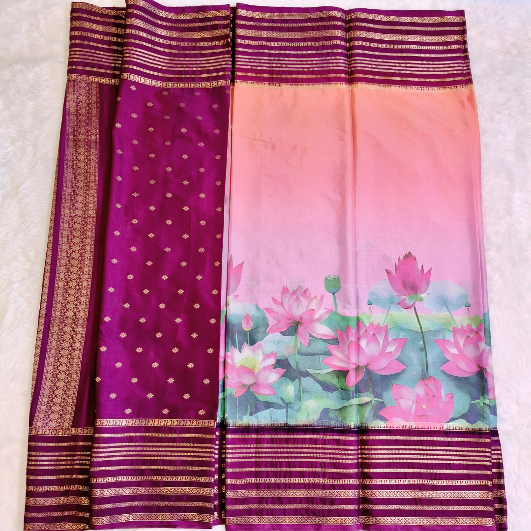 Pink with Purple lotus theme Semi Mysore Silk Saree