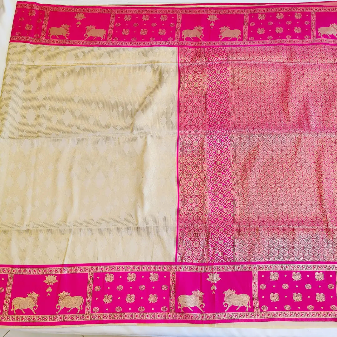 Off white Soft Silk Saree with pink fancy border Vivahasilks