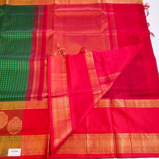 Polka dots pure Silk Cotton Saree in dark green with red combination