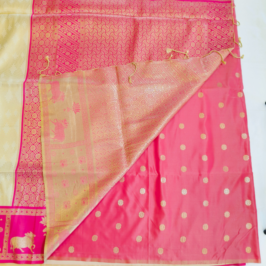 Off white Soft Silk Saree with pink fancy border