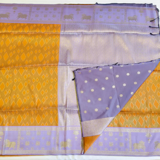 Mustard yellow soft silk saree with lavender fancy border Vivahasilks
