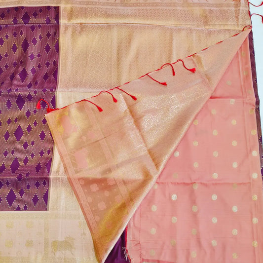 Purple soft silk saree with peach fancy border Vivahasilks