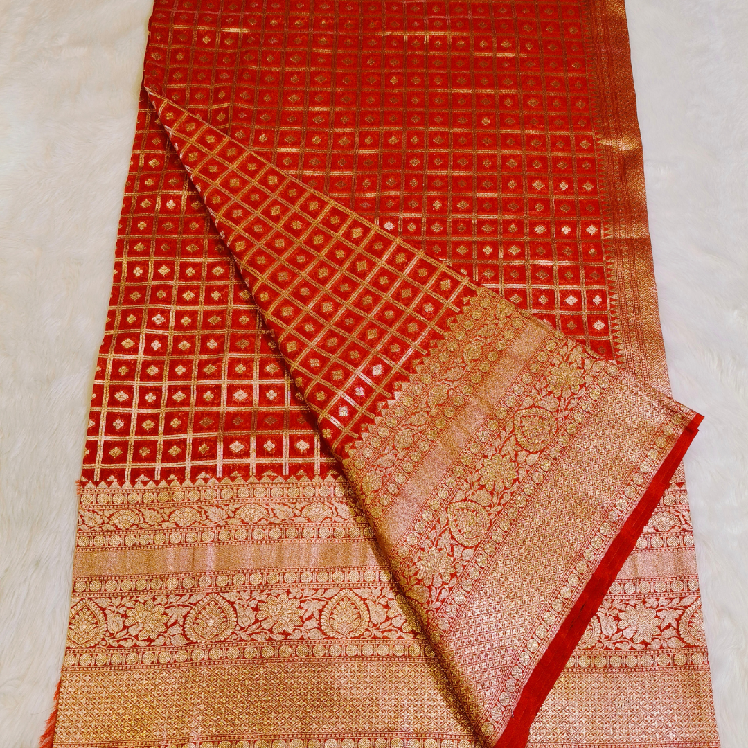 Royal Red checks Premium Banarasi Georgette Saree