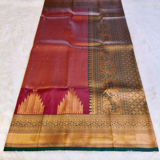 Maroon with Green Checks Temple Border Silk Saree Vivahasilks