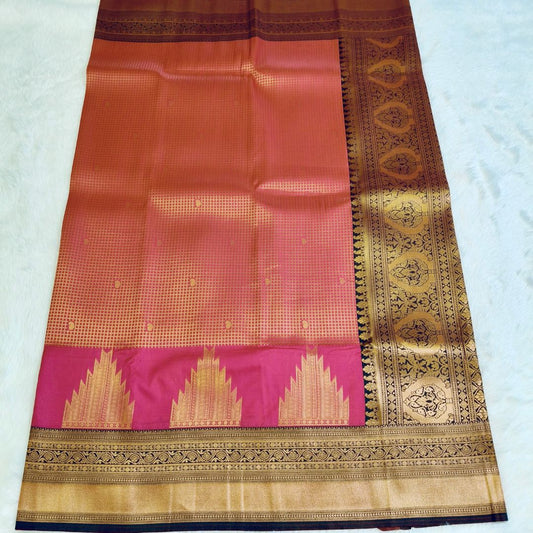 Dark Pink Checks Temple Border Silk Saree