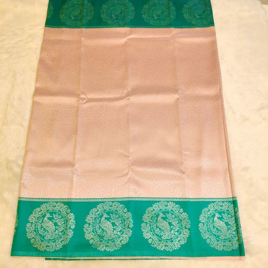 Baby Pink with Green Peacock Border SemiSilk Saree Vivahasilks