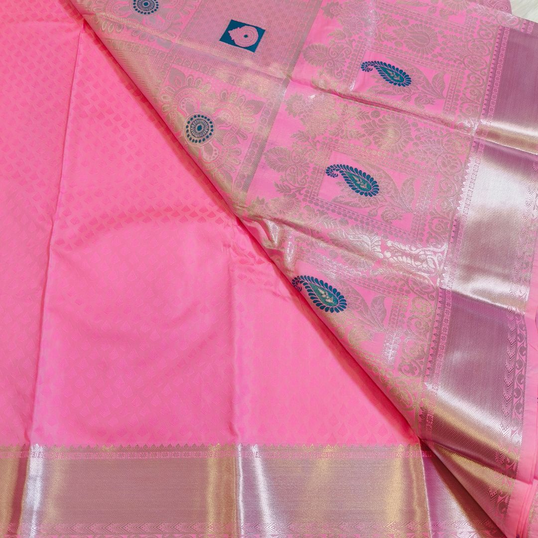 Lotus Pink Silver zaari Meenakari Work Silk Saree