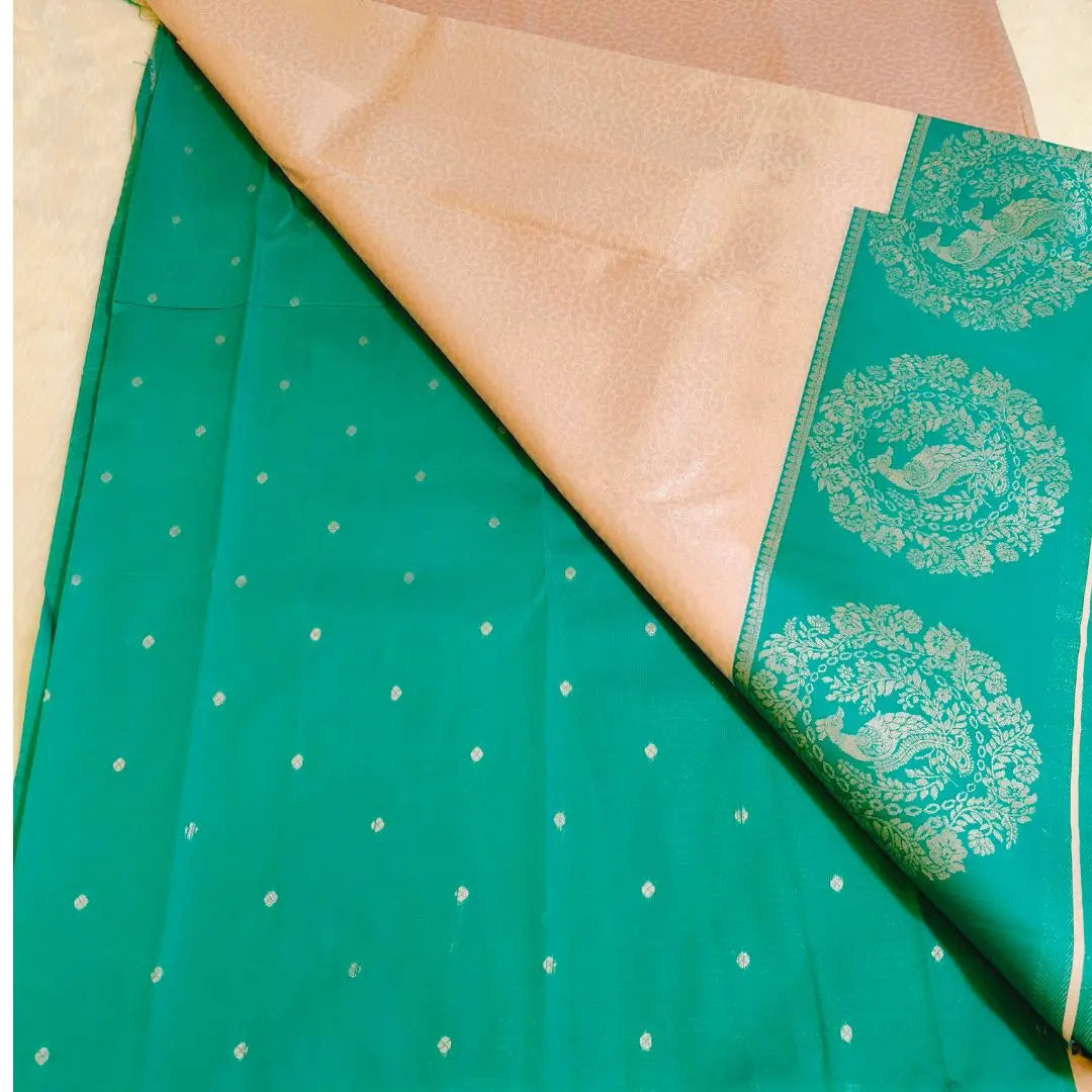 Baby Pink with Green Peacock Border SemiSilk Saree Vivahasilks