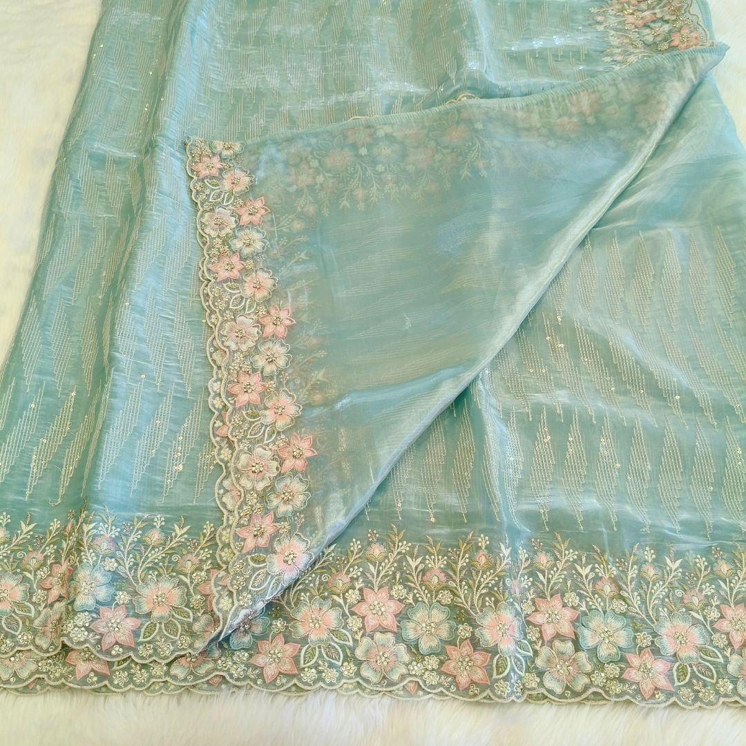 Ice blue Organza floral embroidery with Elegant stone work Party wear Saree
