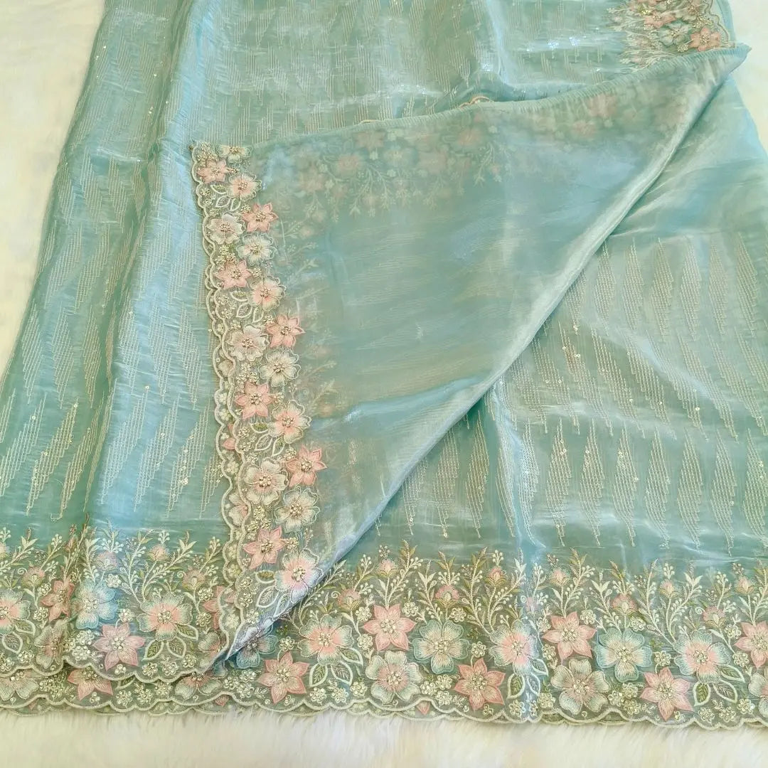 Ice blue Organza floral embroidery with Elegant stone work Party wear Saree Vivahasilks