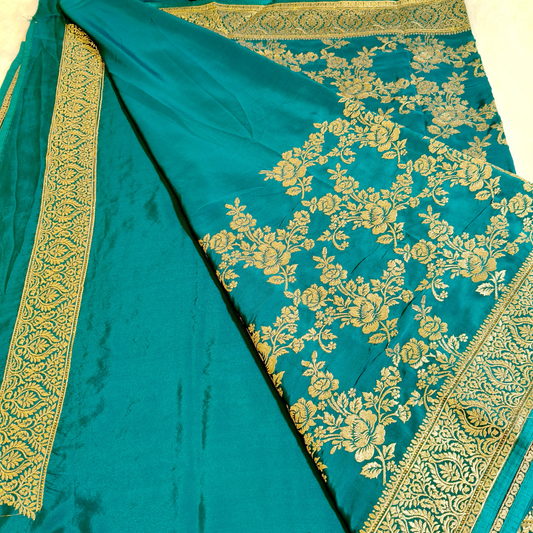 Teal green rich Embroidery Satin Partywear Saree