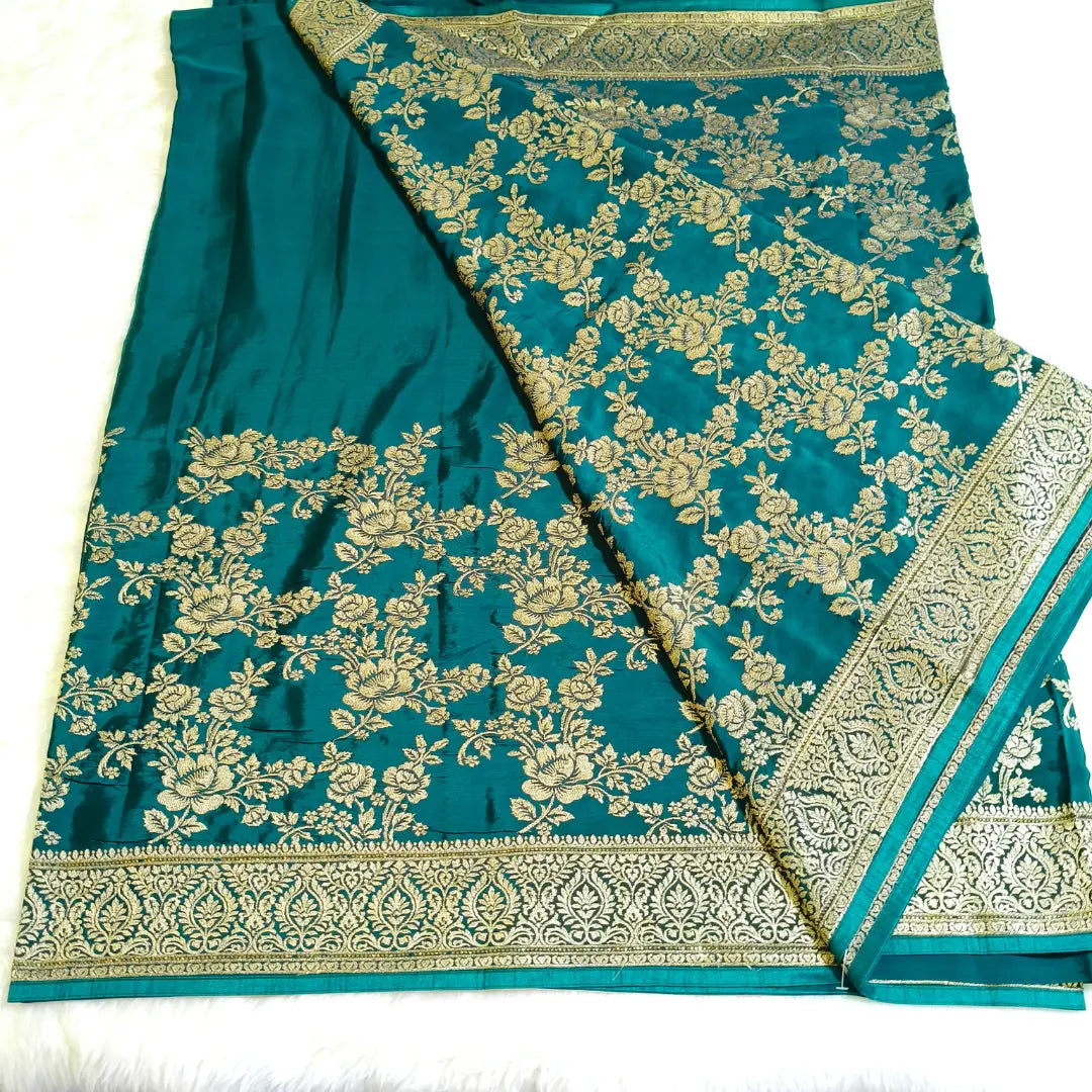 Teal green rich Embroidery Satin Partywear Saree Vivahasilks