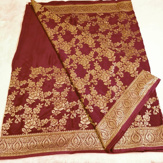 Maroon rich Embroidery Satin Partywear Saree Vivahasilks