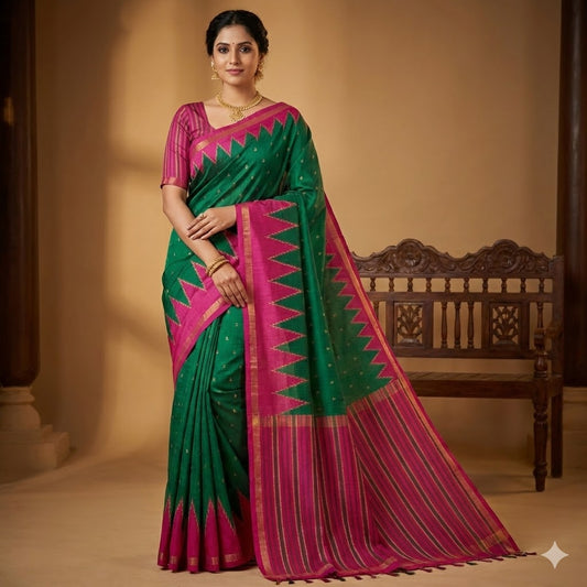 Dark Green with Purple temple border Dola Silk Casual Saree