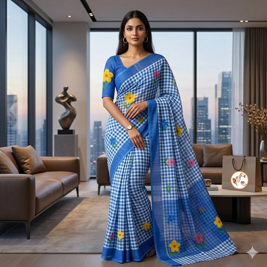 Blue checks pattern Linen Cotton Casual Saree